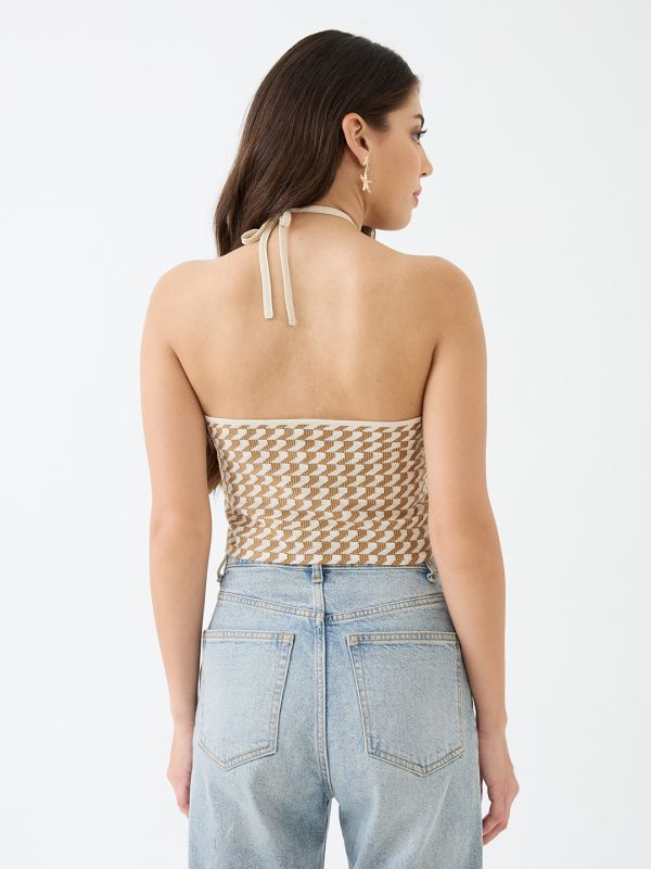 Globus Women Brown Halter Neck Backless Crochet Crop Top
