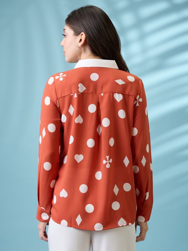 Globus Women Rust Printed Self Design Collared Neck Cuffed Sleeves Shirt