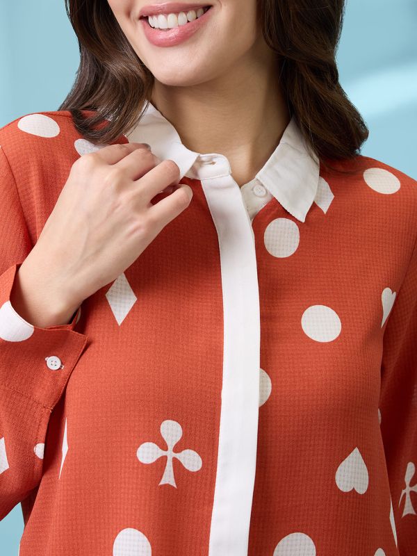 Globus Women Rust Printed Self Design Collared Neck Cuffed Sleeves Shirt