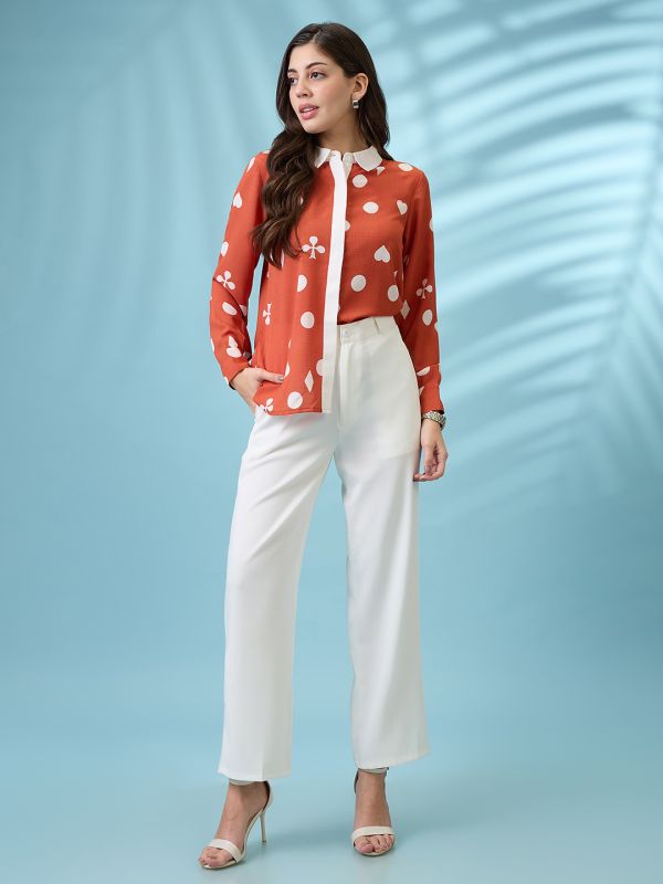 Globus Women Rust Printed Self Design Collared Neck Cuffed Sleeves Shirt