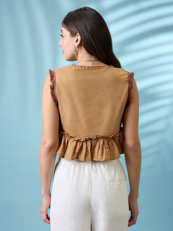 Globus Women Beige V-Neck Thread Work Detail & Lace Inserts Pleated Crop Top