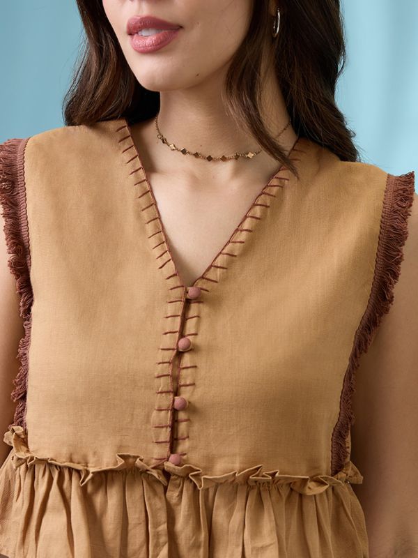 Globus Women Beige V-Neck Thread Work Detail & Lace Inserts Pleated Crop Top