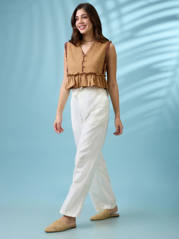Globus Women Beige V-Neck Thread Work Detail & Lace Inserts Pleated Crop Top