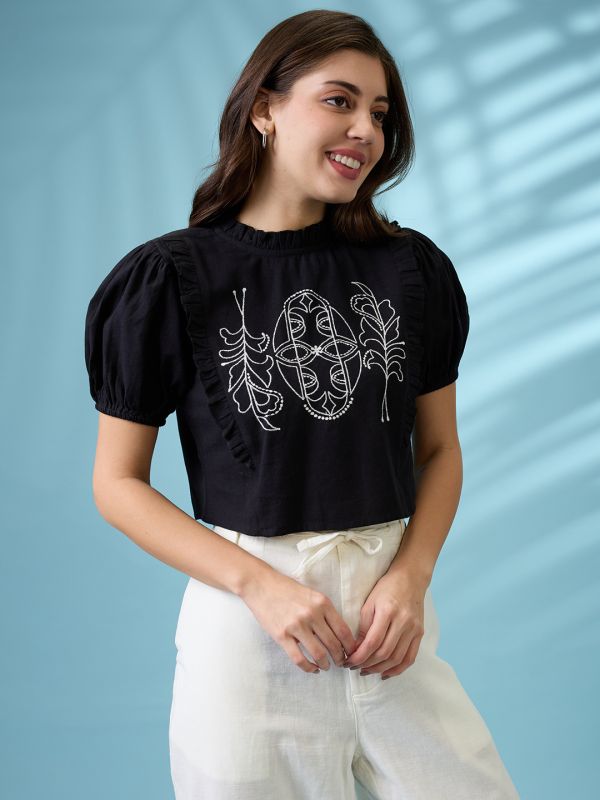 Globus Women Black High Neck Puff Sleeves Frills & Embroidered Detail Crop Top