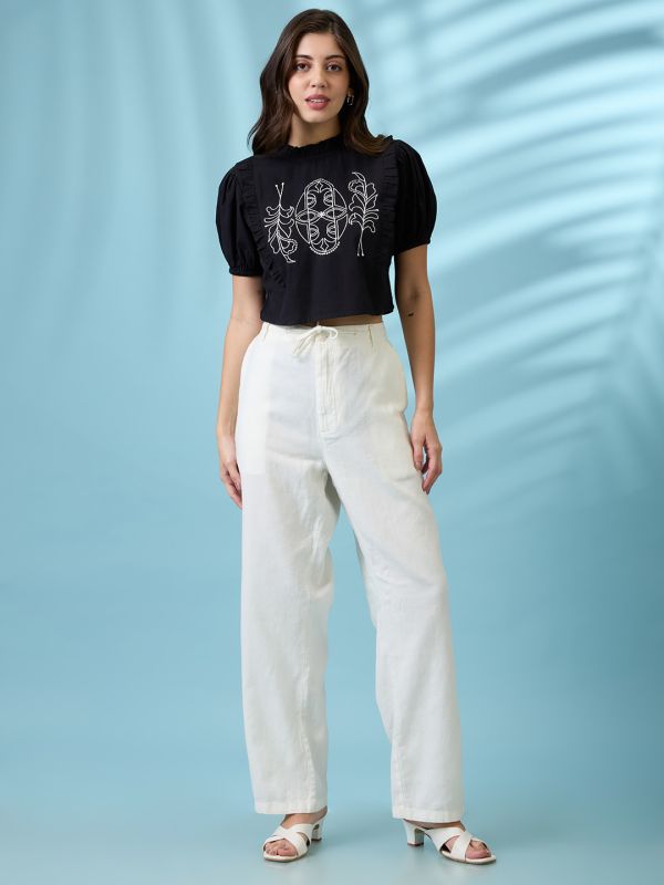 Globus Women Black High Neck Puff Sleeves Frills & Embroidered Detail Crop Top