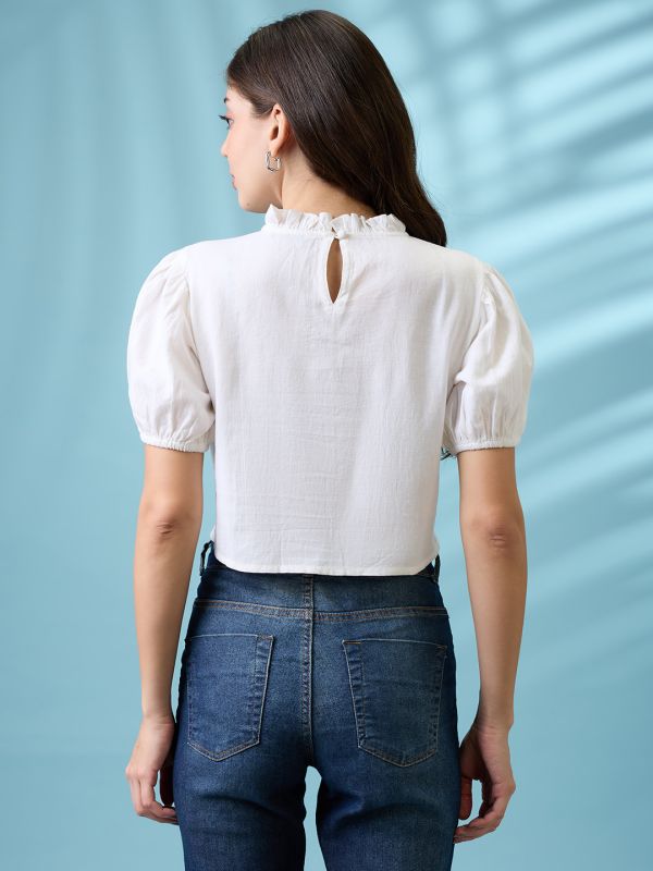 Globus Women White High Neck Puff Sleeves Frills & Embroidered Detail Crop Top