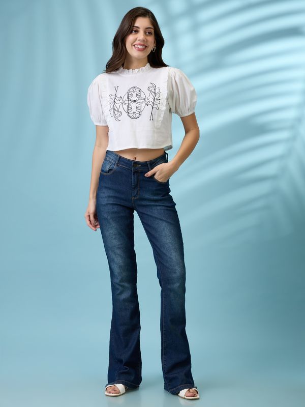 Globus Women White High Neck Puff Sleeves Frills & Embroidered Detail Crop Top