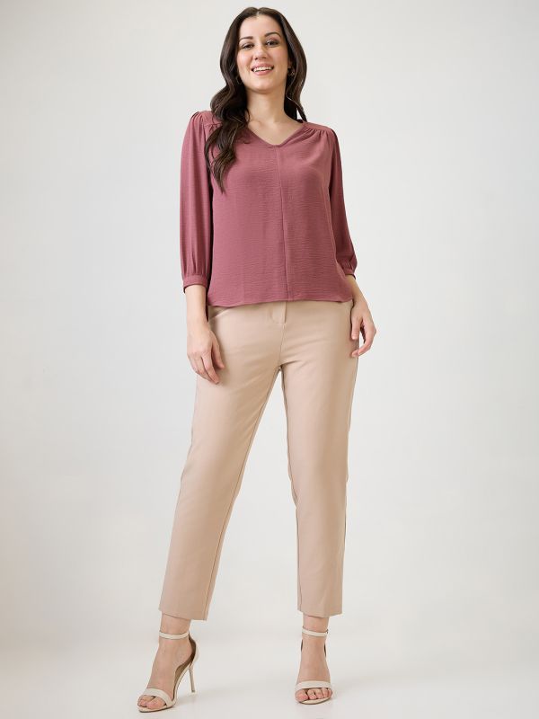 Globus Women Pink Self Design V-Neck Gathered detail Workwear Top