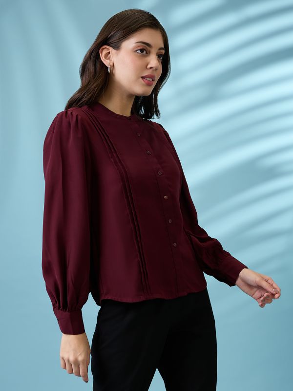 Globus Women Burgundy Pleated Mandarin Collar Cuffed Sleeves Workwear Shirt