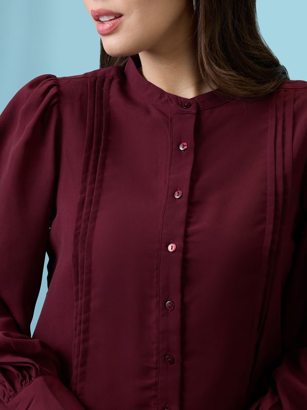 Globus Women Burgundy Pleated Mandarin Collar Cuffed Sleeves Workwear Shirt
