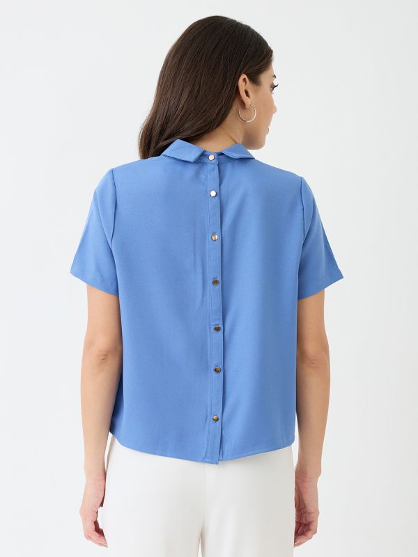 Globus Women Blue Short Sleeves Collared Neck Back Button Shirt Style Workwear Top