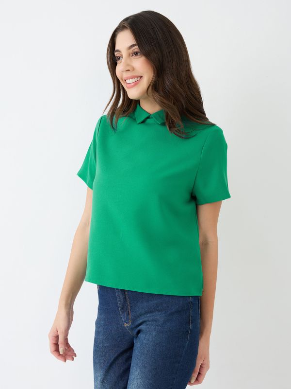 Globus Women Green Short Sleeves Collared Neck Back Button Shirt Style Workwear Top