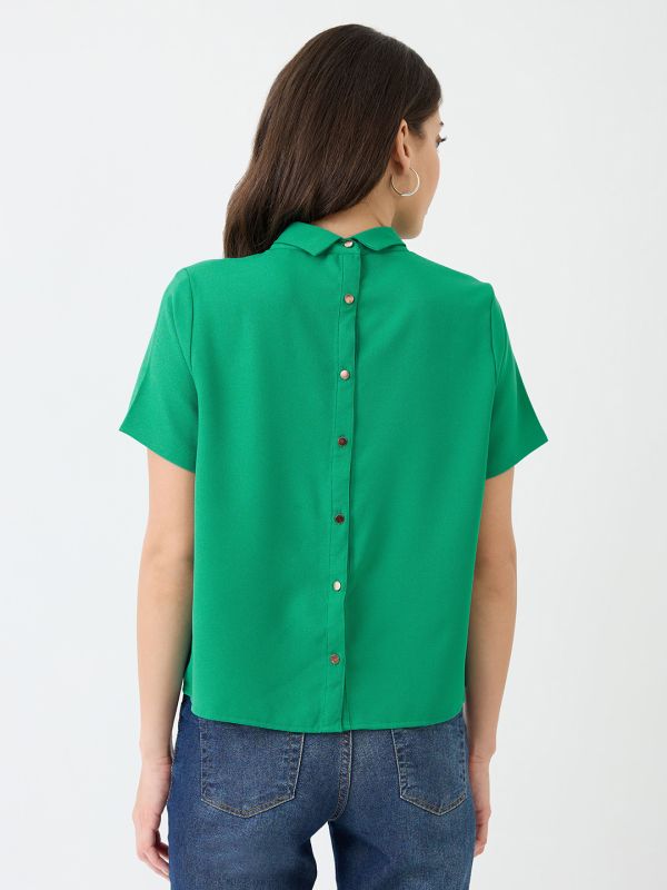 Globus Women Green Short Sleeves Collared Neck Back Button Shirt Style Workwear Top