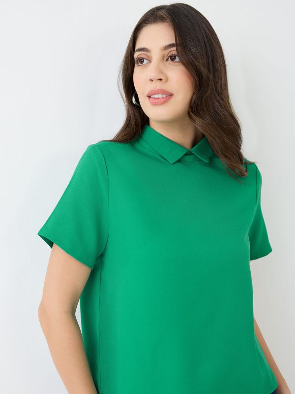 Globus Women Green Short Sleeves Collared Neck Back Button Shirt Style Workwear Top