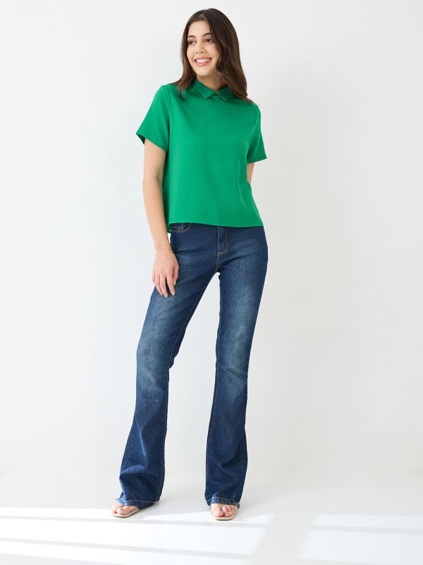 Globus Women Green Short Sleeves Collared Neck Back Button Shirt Style Workwear Top