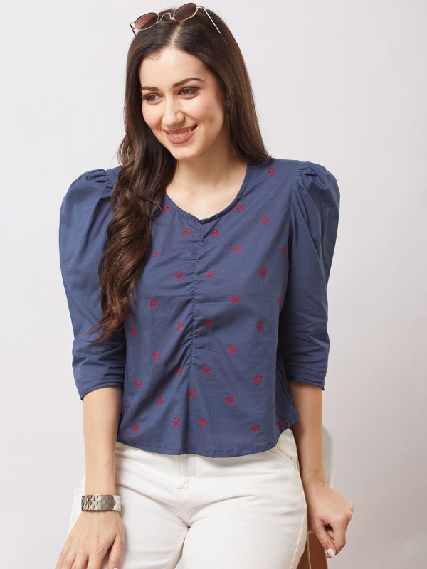 Globus Women Blue Puff Sleeves Floral Embroidered Gathered Detail Top
