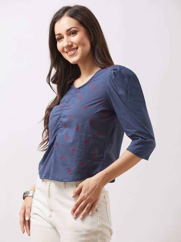 Globus Women Blue Puff Sleeves Floral Embroidered Gathered Detail Top