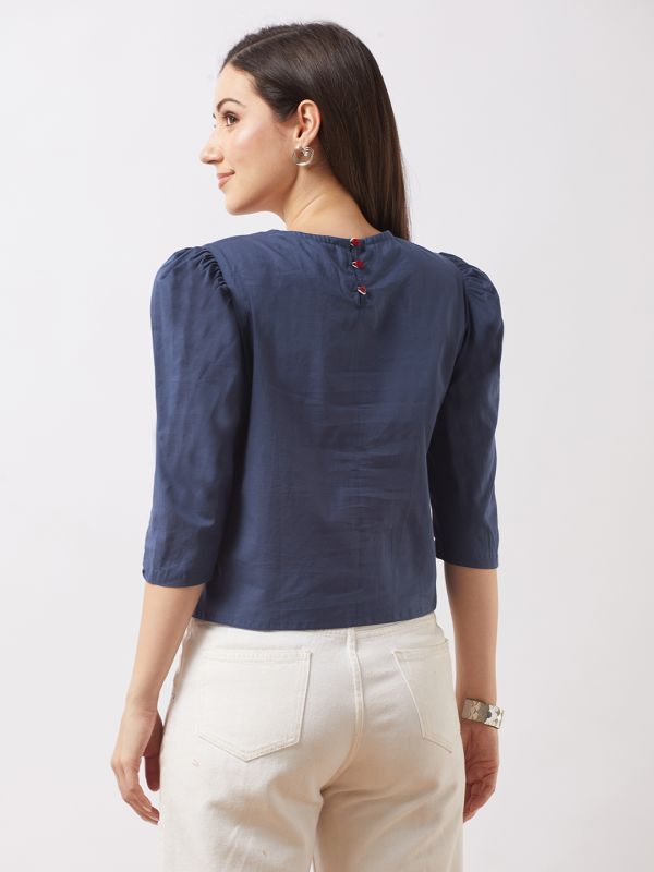 Globus Women Blue Puff Sleeves Floral Embroidered Gathered Detail Top