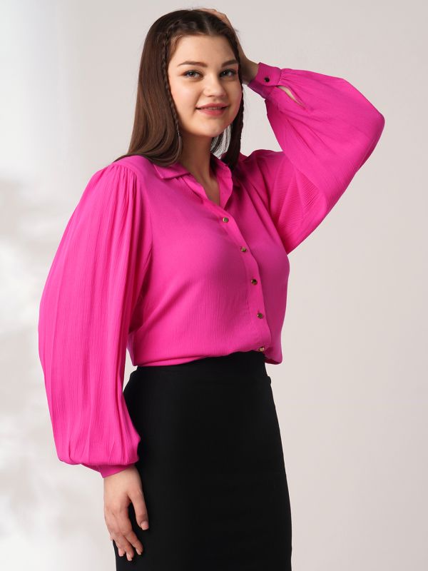 Globus Women Pink Self Design Spread Collar Puff Sleeves Workwear Shirt
