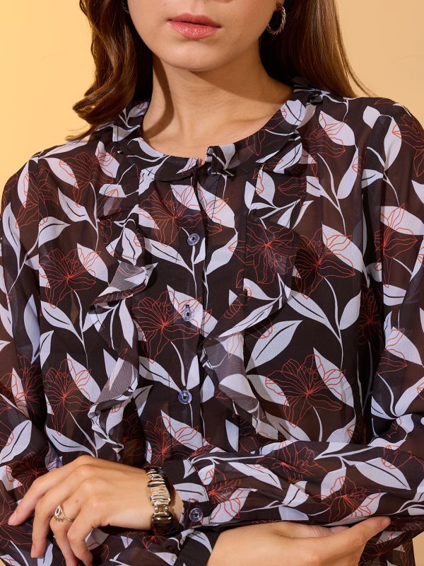Globus Women Black Mandarin Collar Long Sleeves Floral Print Ruffles Detail Georgette Shirt Style Top