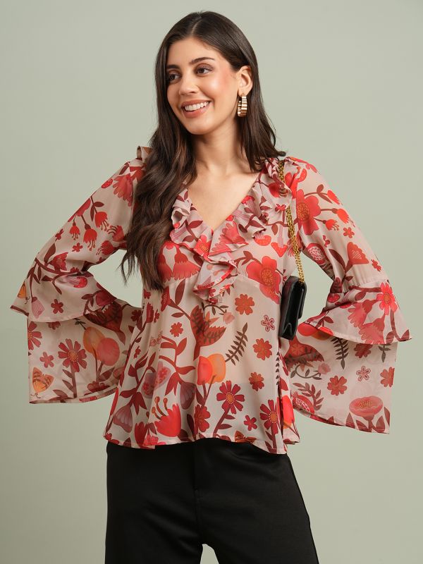Globus Women Red V-Neck Bell Sleeves Floral Print Ruffle Detail Georgette Peplum Top