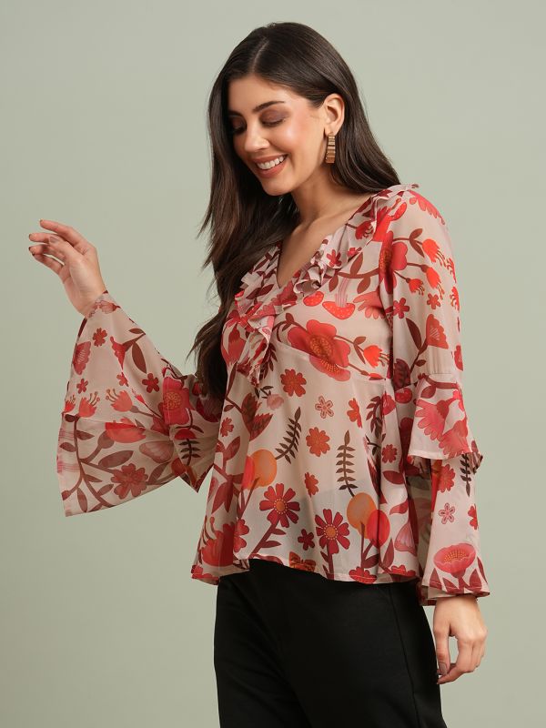 Globus Women Red V-Neck Bell Sleeves Floral Print Ruffle Detail Georgette Peplum Top