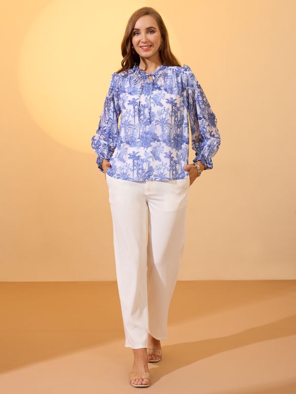 Globus Women Blue Frilled Tie-Up Neck Bishop Sleeves Tropical Print Ruffle Detail Top