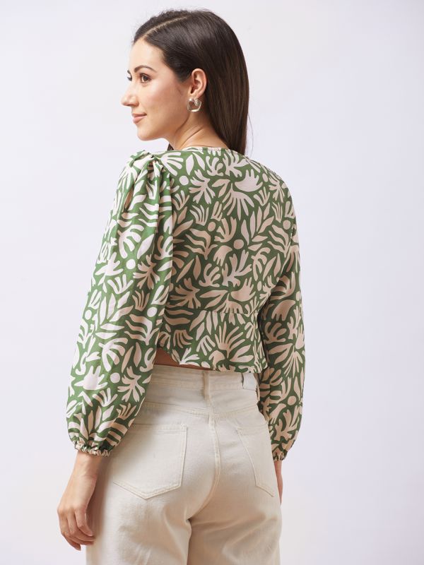 Globus Women Green V-Neck Bishop Sleeves Abstract Print Tie-Up Detail Wrap Top