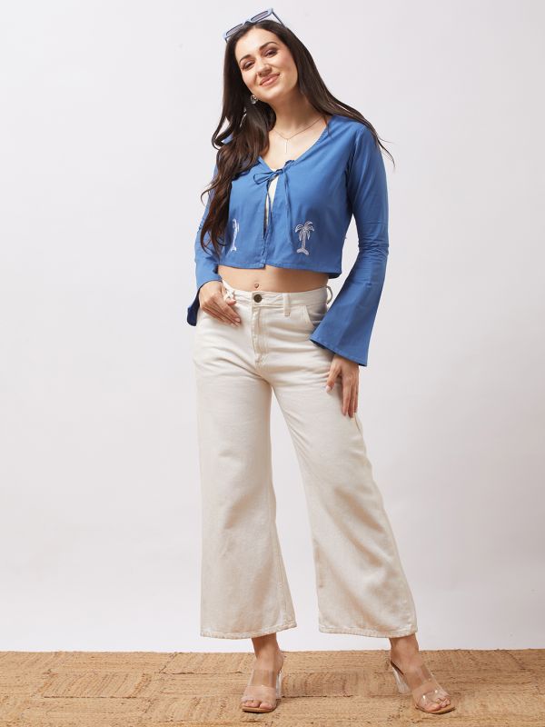 Globus Women Blue Tie-Up V-Neck Bell Sleeves Embroidered Detail Front Open Crop Top