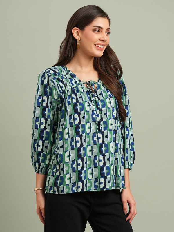 Globus Women Green V-neck Bishop Sleeves Abstract Print Tie Up detailing Top