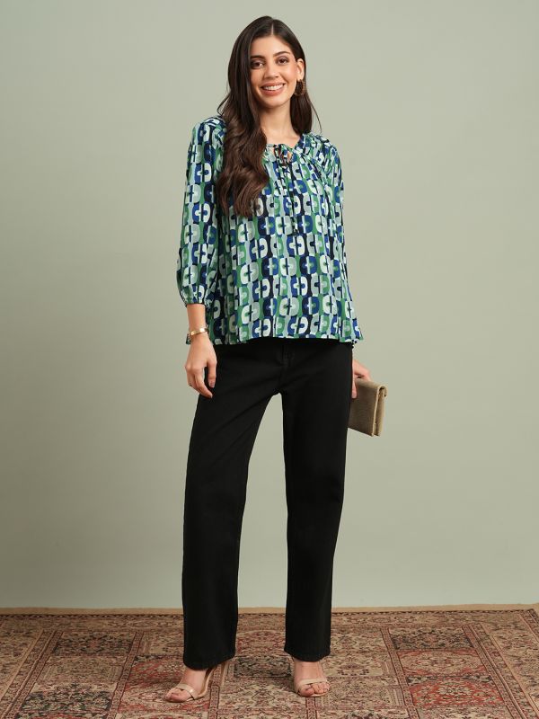 Globus Women Green V-neck Bishop Sleeves Abstract Print Tie Up detailing Top