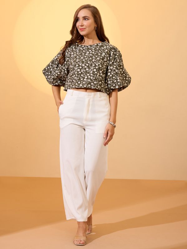 Globus Women Green Round Neck Puff Sleeves Floral Print Top