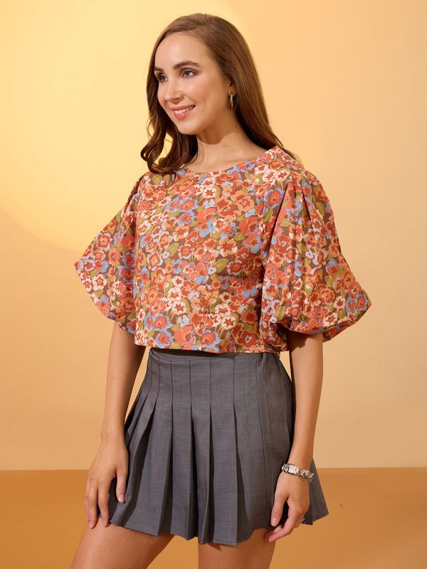 Globus Women Multi Round Neck Puff Sleeves Floral Print Top