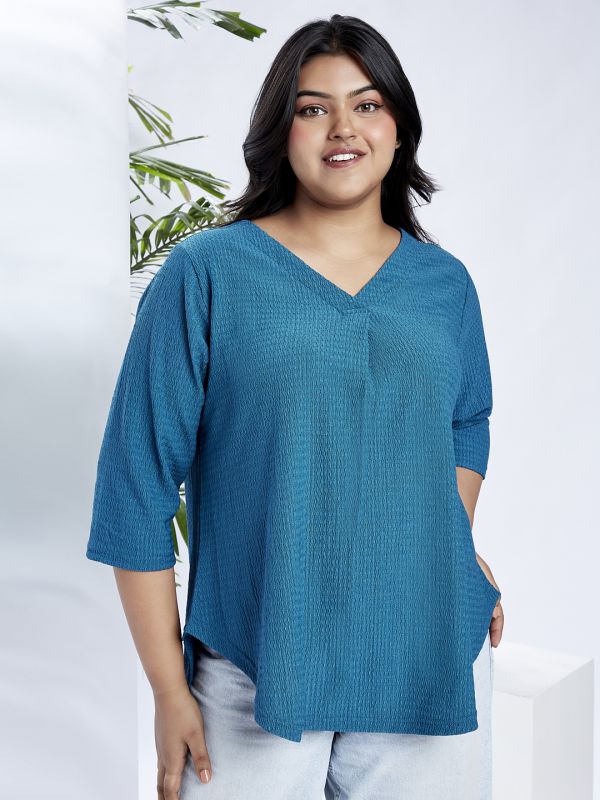 Globus Gloplus Women Blue V-Neck Self Design Curved Hem Plus Size Workwear Top