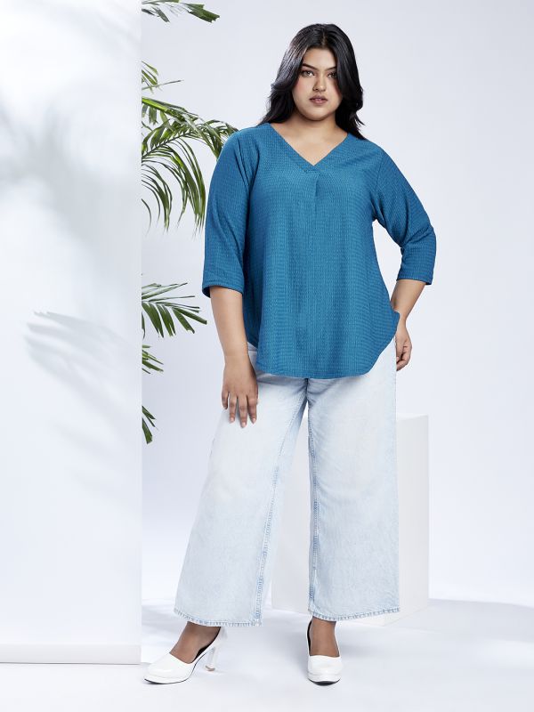 Globus Gloplus Women Blue V-Neck Self Design Curved Hem Plus Size Workwear Top