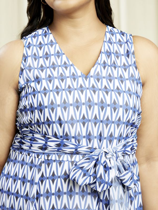 Globus Gloplus Women Blue V-Neck Abstract Print Waist Tie-Up Plus Size Fit & Flare Midi Dress