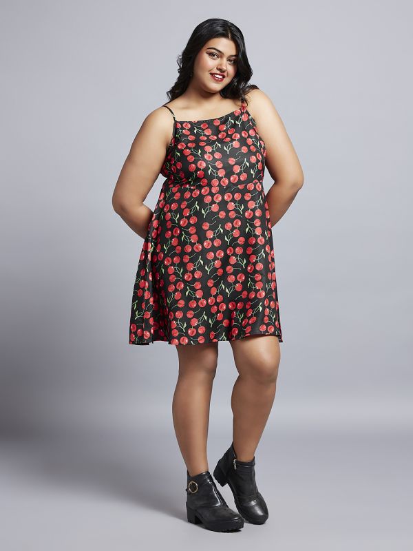 Globus Gloplus Women Red Cherry Print Square Neck Strappy Sleeves A-Line Mini Plus Size Dress