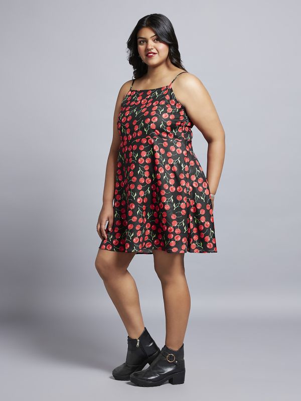 Globus Gloplus Women Red Cherry Print Square Neck Strappy Sleeves A-Line Mini Plus Size Dress