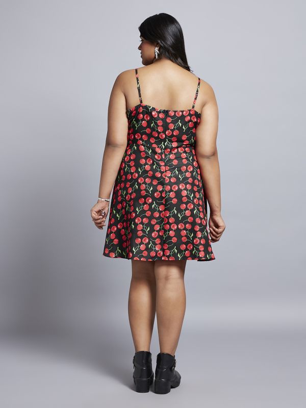 Globus Gloplus Women Red Cherry Print Square Neck Strappy Sleeves A-Line Mini Plus Size Dress