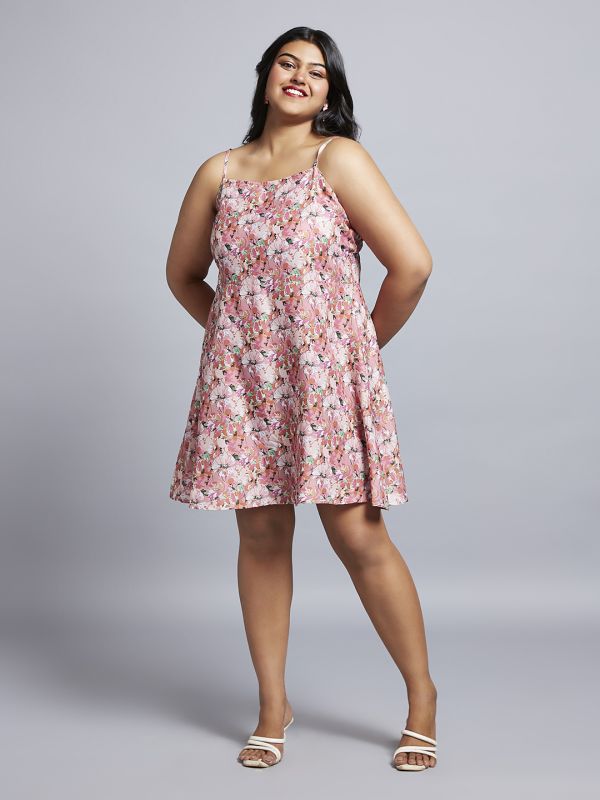 Globus Gloplus Women Peach Floral Print Square Neck Strappy Sleeves A-Line Mini Plus Size Dress