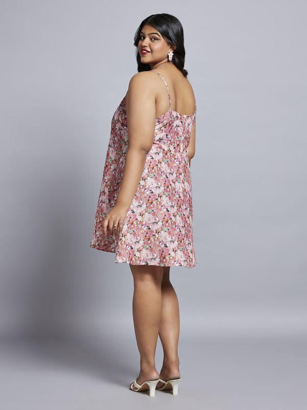 Globus Gloplus Women Peach Floral Print Square Neck Strappy Sleeves A-Line Mini Plus Size Dress