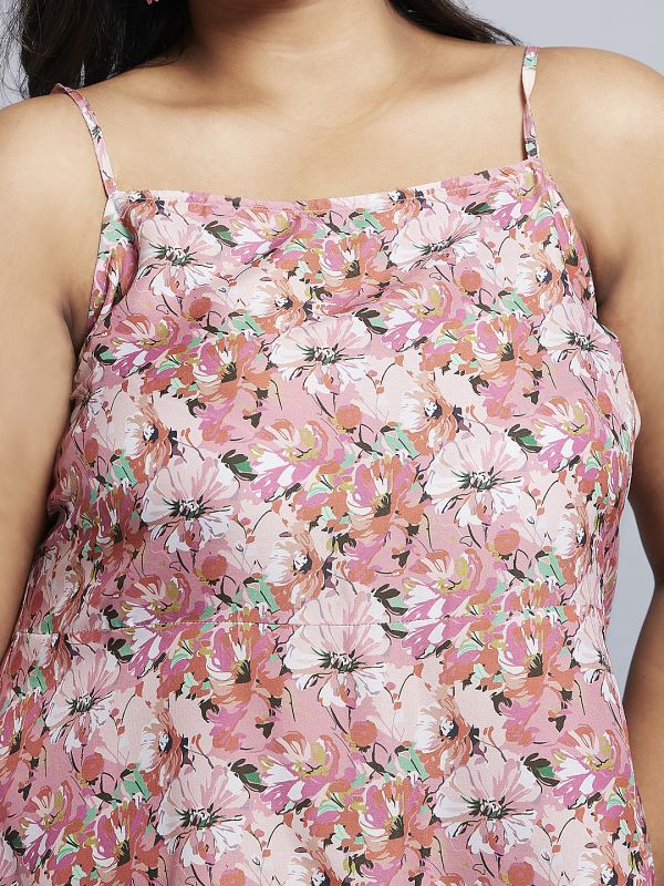 Globus Gloplus Women Peach Floral Print Square Neck Strappy Sleeves A-Line Mini Plus Size Dress