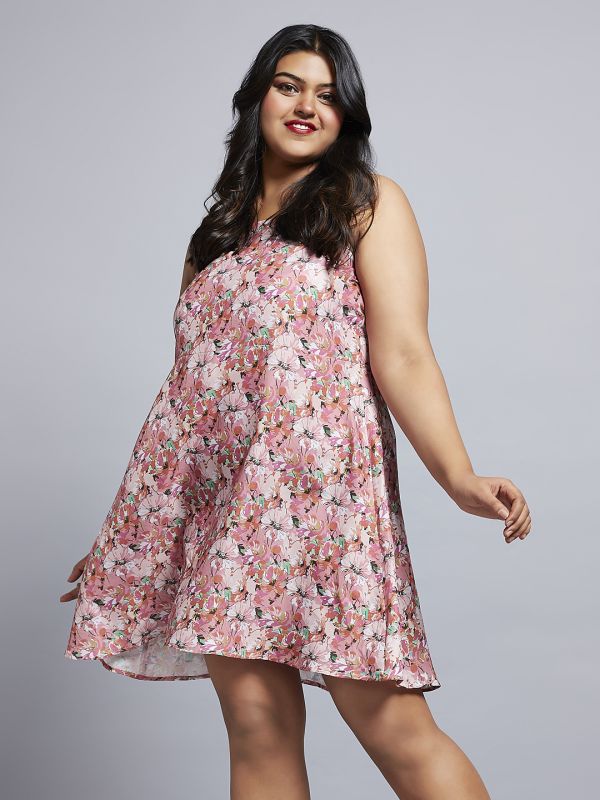 Globus Gloplus Women Peach Floral Print Square Neck Strappy Sleeves A-Line Mini Plus Size Dress