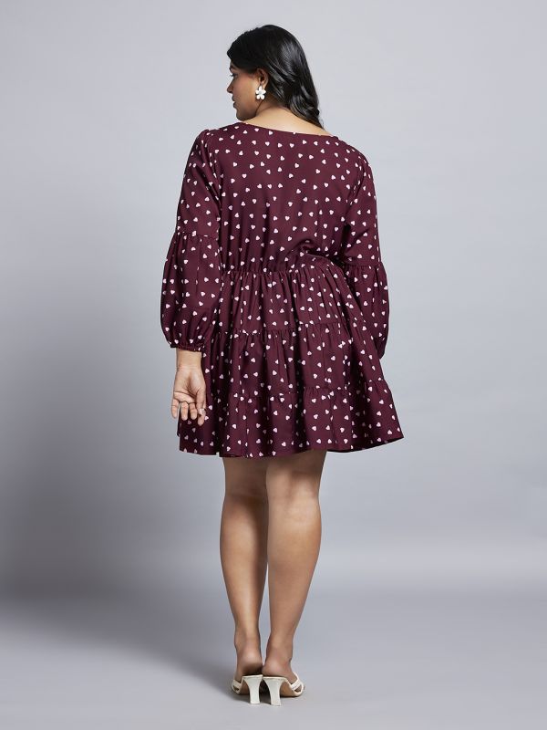 Globus Gloplus Women Maroon Round Neck Bishop Sleeves Fit & Flare Tiered Mini Plus Size Workwear Dress