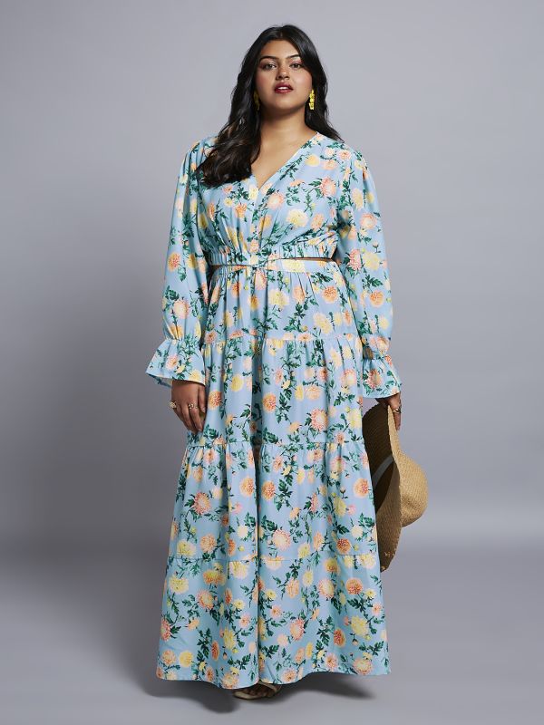 Globus Gloplus Women Blue Floral Print V-Neck Bishop Sleeves Cut-Out Detail Tiered Fit & Flare Plus Size Maxi Dress