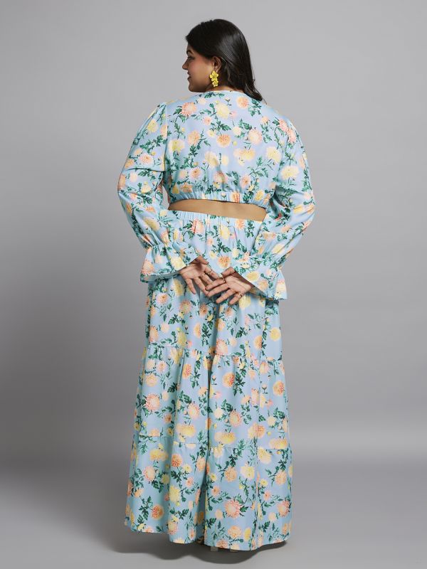 Globus Gloplus Women Blue Floral Print V-Neck Bishop Sleeves Cut-Out Detail Tiered Fit & Flare Plus Size Maxi Dress