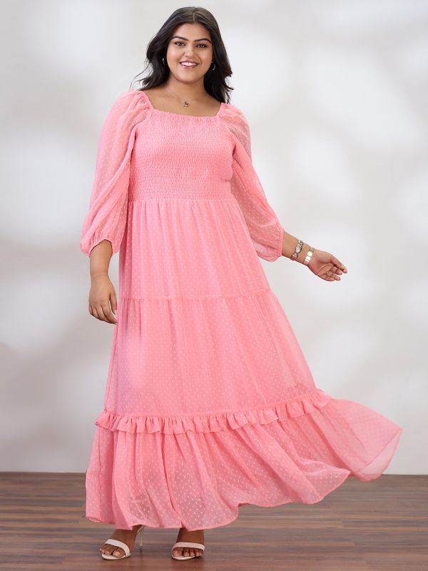 Globus Gloplus Women Pink Square Neck Raglan Sleeves Self Design Smocked Tiered Plus Size Fit & Flare Maxi Dress