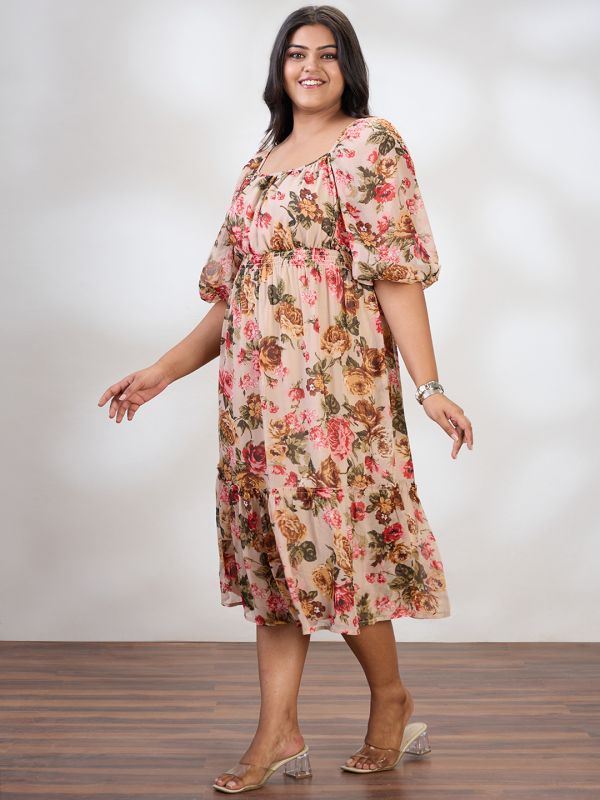 Globus Gloplus Women Beige Square Neck Raglan Sleeves Floral Print Smocked Tiered Plus Size Fit & Flare Midi Dress