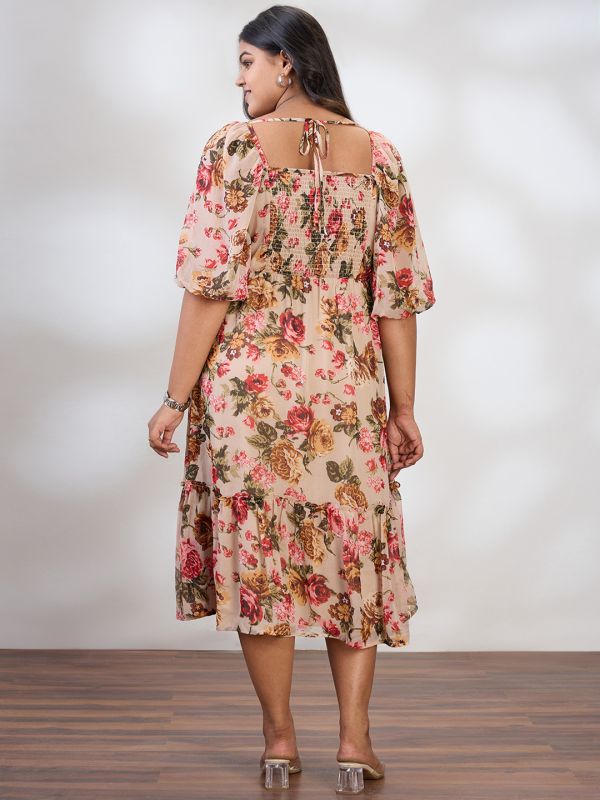 Globus Gloplus Women Beige Square Neck Raglan Sleeves Floral Print Smocked Tiered Plus Size Fit & Flare Midi Dress