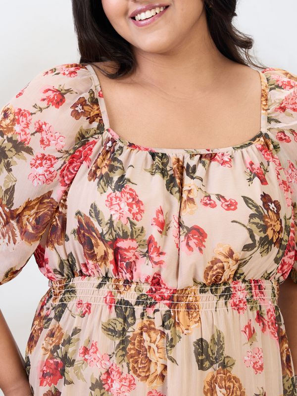 Globus Gloplus Women Beige Square Neck Raglan Sleeves Floral Print Smocked Tiered Plus Size Fit & Flare Midi Dress